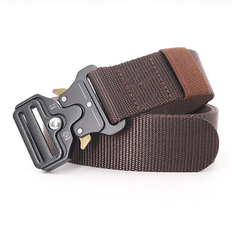 Coffee brown woven webbing belt with a black metal quick-release buckle