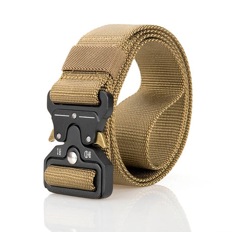 Earth yellow (dark khaki) woven webbing belt with a black metal quick-release buckle