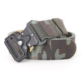 Green camouflage woven webbing belt with a black metal quick-release buckle