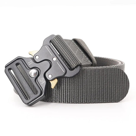 Grey woven webbing belt with a black metal quick-release buckle