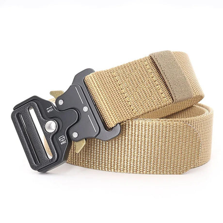Khaki sand woven webbing belt with a black metal quick-release buckle