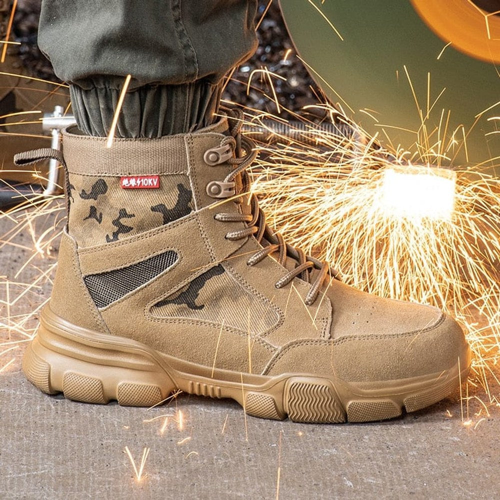 Tan camo boot worn beside a shower of welding sparks, mesh side vent visible