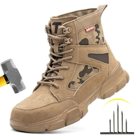 Studio shot of the tan camo work boot with a hammer and upright nails graphic