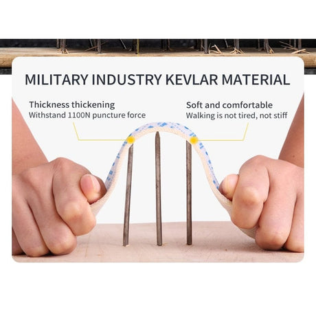 Hands flexing the woven anti-puncture midsole plate above three upright nails
