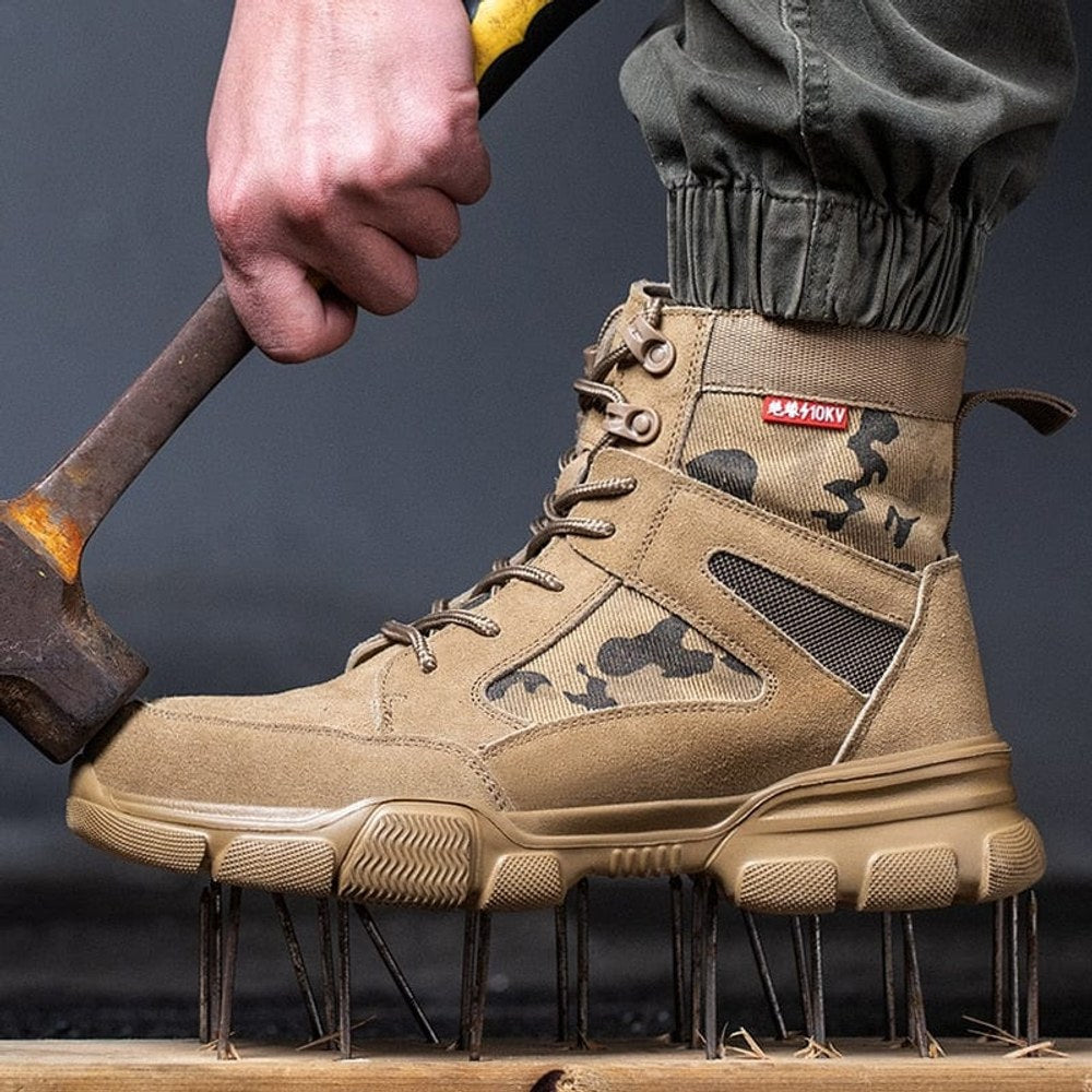 Tan work boot standing on a bed of upright nails beside a swung axe head
