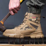 Tan work boot standing on a bed of upright nails beside a swung axe head