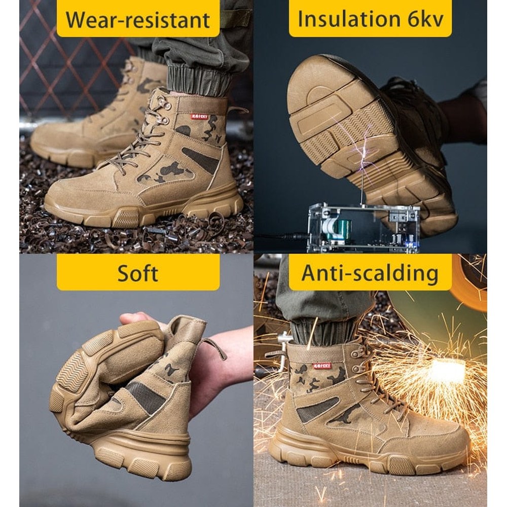 Four panel supplier montage of the boot in swarf, a spark demo, flexed and near sparks