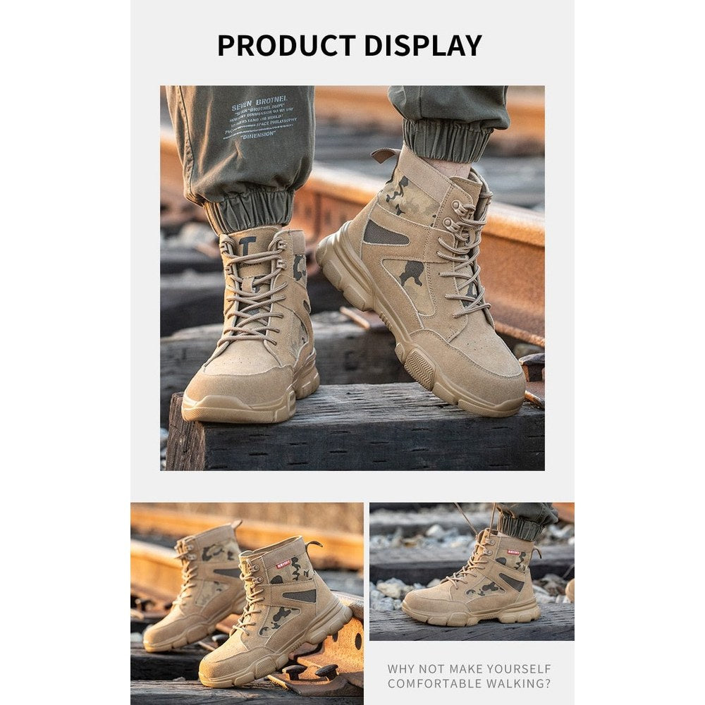 Boots worn on railway sleepers and ballast, shown from three angles
