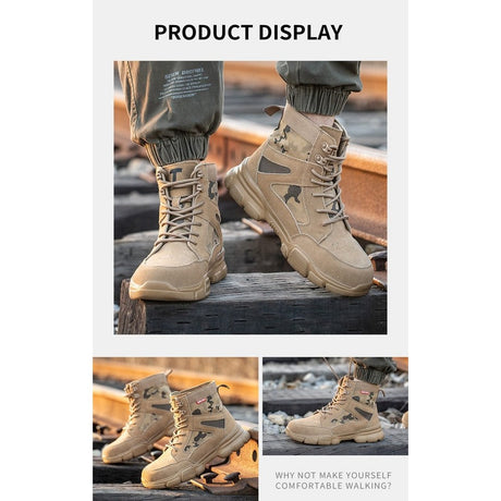 Boots worn on railway sleepers and ballast, shown from three angles