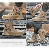 Four lifestyle shots of the tan camo boots on railway track and gravel