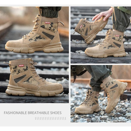 Four lifestyle shots of the tan camo boots on railway track and gravel