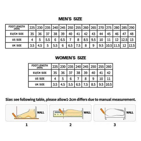 Supplier size chart converting foot length in millimetres to EU, US and UK sizes