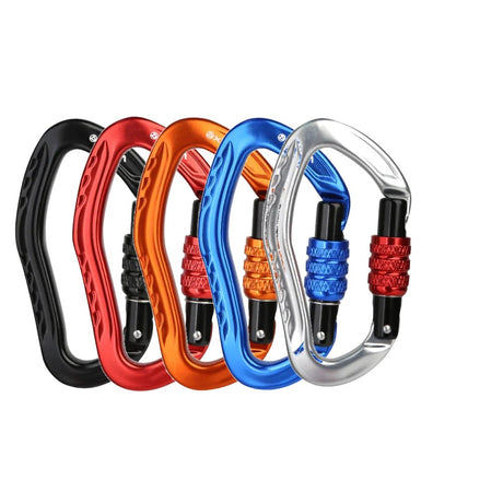 Five XINDA screw-lock carabiners in black, red, orange, blue and silver, the 5-pack option
