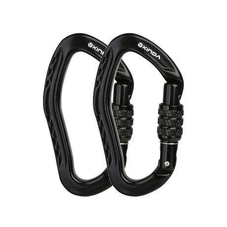 Two black XINDA pear-shaped screw-lock carabiners side by side, the 2-pack option