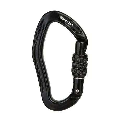 Black XINDA pear-shaped carabiner with a black knurled screw-lock barrel over the gate