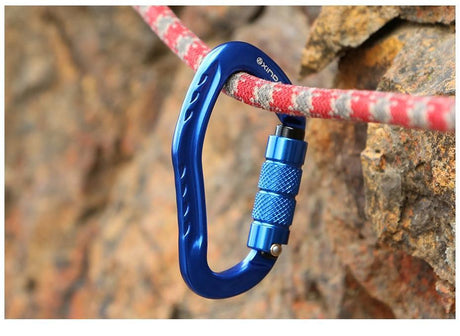 Blue carabiner threaded on a red and grey cord, stone in the background