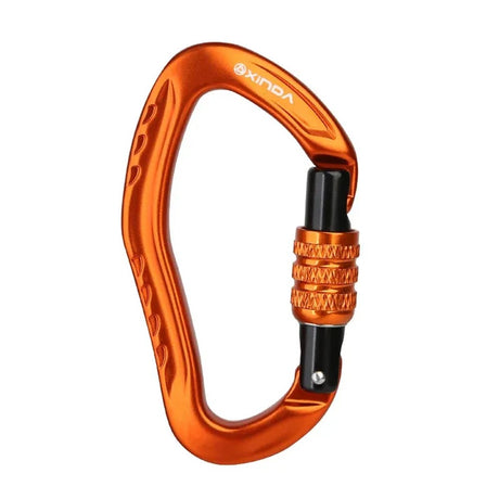 Orange XINDA pear-shaped carabiner with an orange knurled screw-lock barrel and black gate