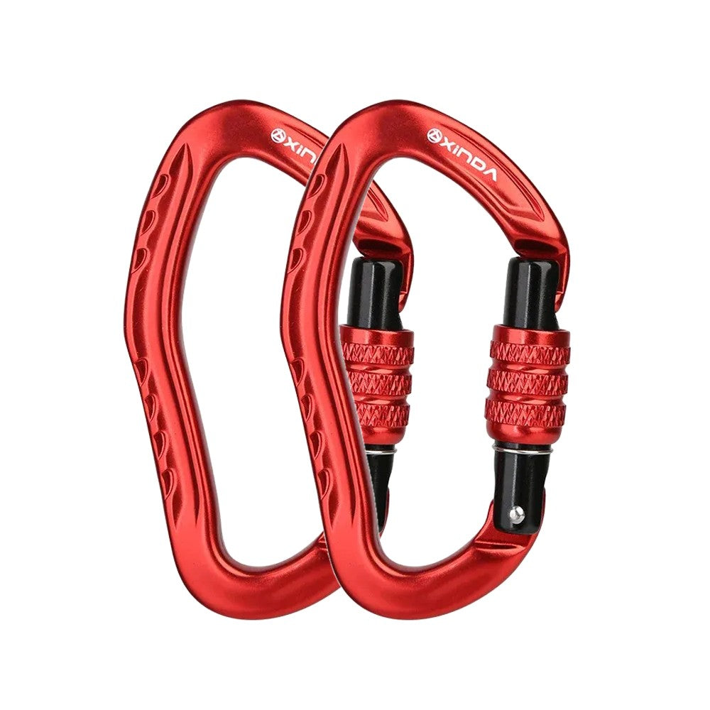 Two red XINDA pear-shaped screw-lock carabiners side by side, the 2-pack option