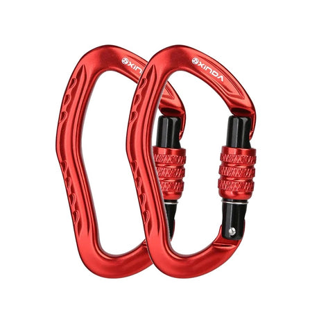 Two red XINDA pear-shaped screw-lock carabiners side by side, the 2-pack option