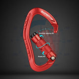 Red screw-lock carabiner with arrows showing the 60 degree gate swing and sleeve rotation