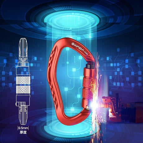 Red carabiner beside a cutaway drawing marking the 9.5 mm stock thickness