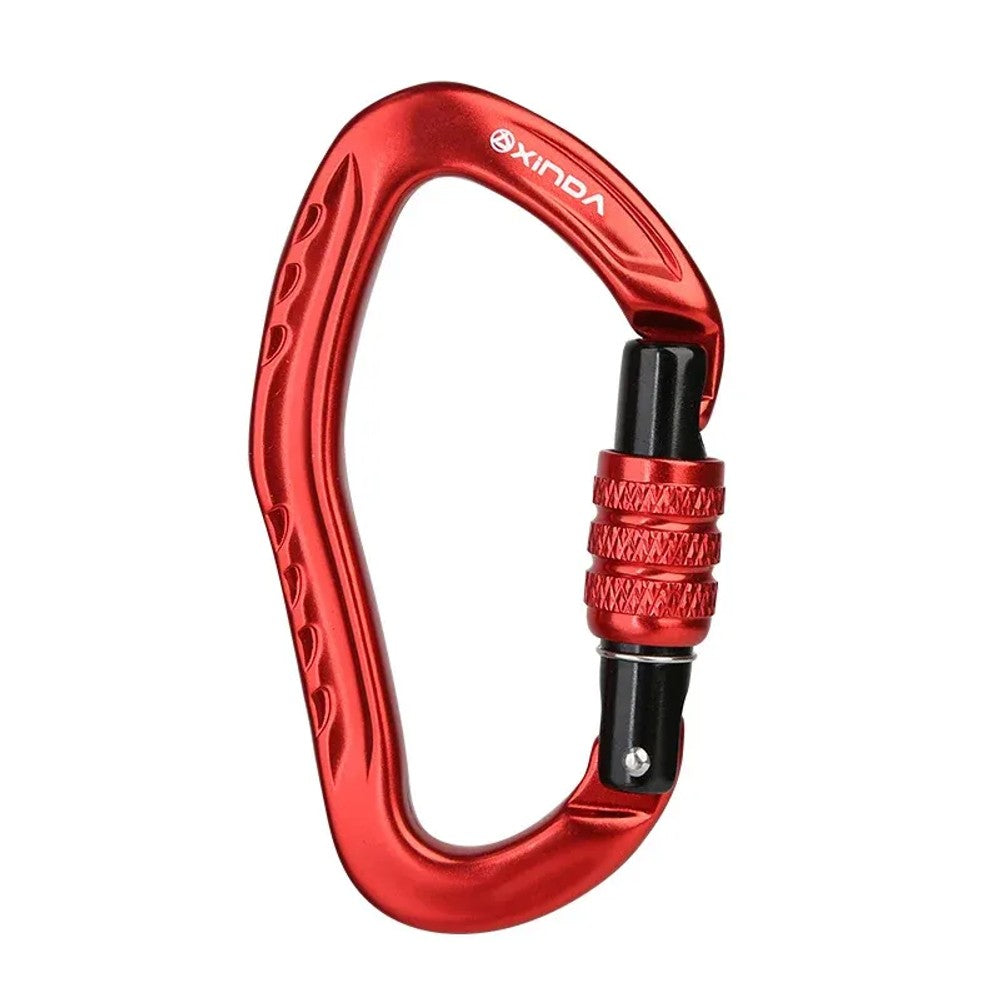Red XINDA pear-shaped carabiner with a red knurled screw-lock barrel and black gate