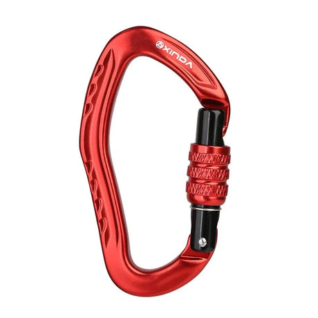 Red XINDA pear-shaped carabiner with a red knurled screw-lock barrel and black gate