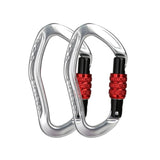 Two silver XINDA pear-shaped carabiners with red screw-lock barrels, the 2-pack option