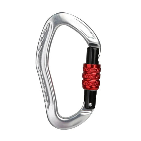 Silver XINDA pear-shaped carabiner with a red knurled screw-lock barrel and black gate